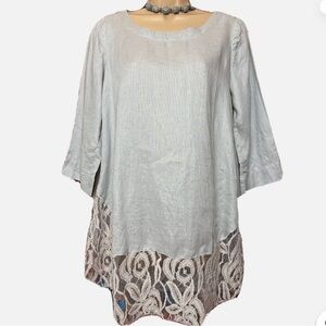 PHASE EIGHT  Grey LINEN Tunic Crotchet Lace Hem Elegant Gray Lace Trim Top 12